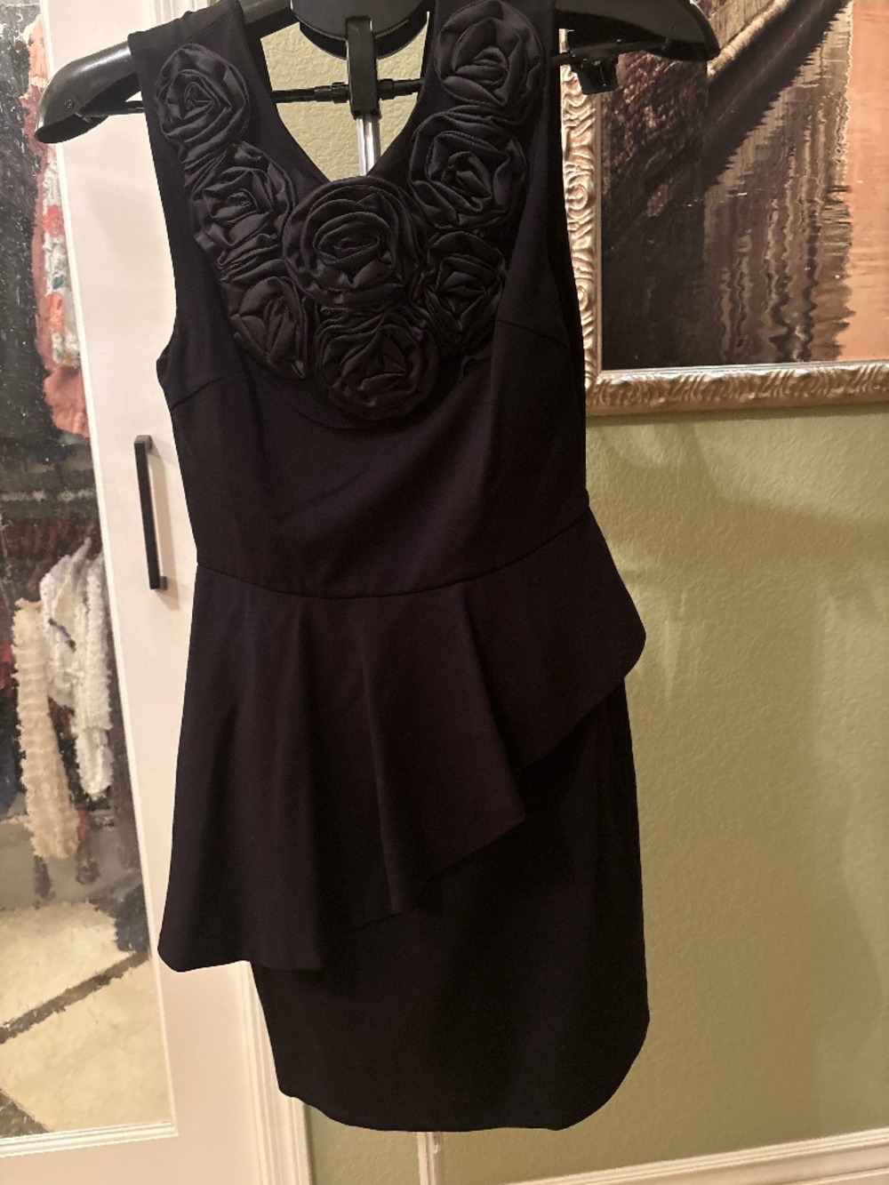MM Couture Black Rosette Neckline Asymmetric Peplum Dress - Size M
